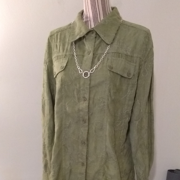 Cre8ions Vintage Faux Suede Button Front Embroidered Shirt / Shacket Size L - Picture 5 of 14